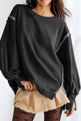 Women's Fall Vintage Raw‑Edge Seam Side Slit Hem Sweatshirt
