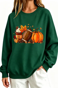 Women's Fall Halloween Pumpkin Football Coffee Print Thin Sweatshirt