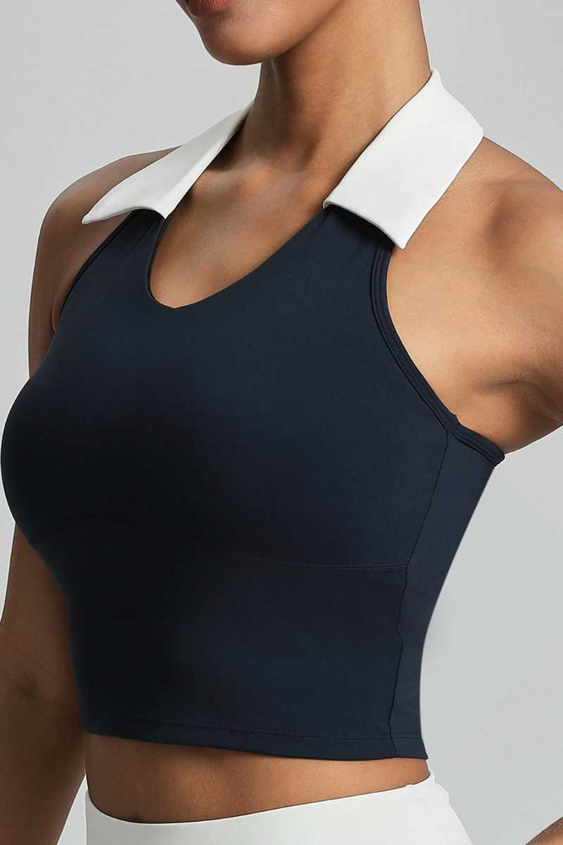 Women's color-blocked lapel sports tank top.