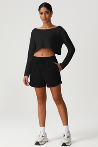 Women's Off Shoulder Long Sleeve Top & Shorts Athletic Set
