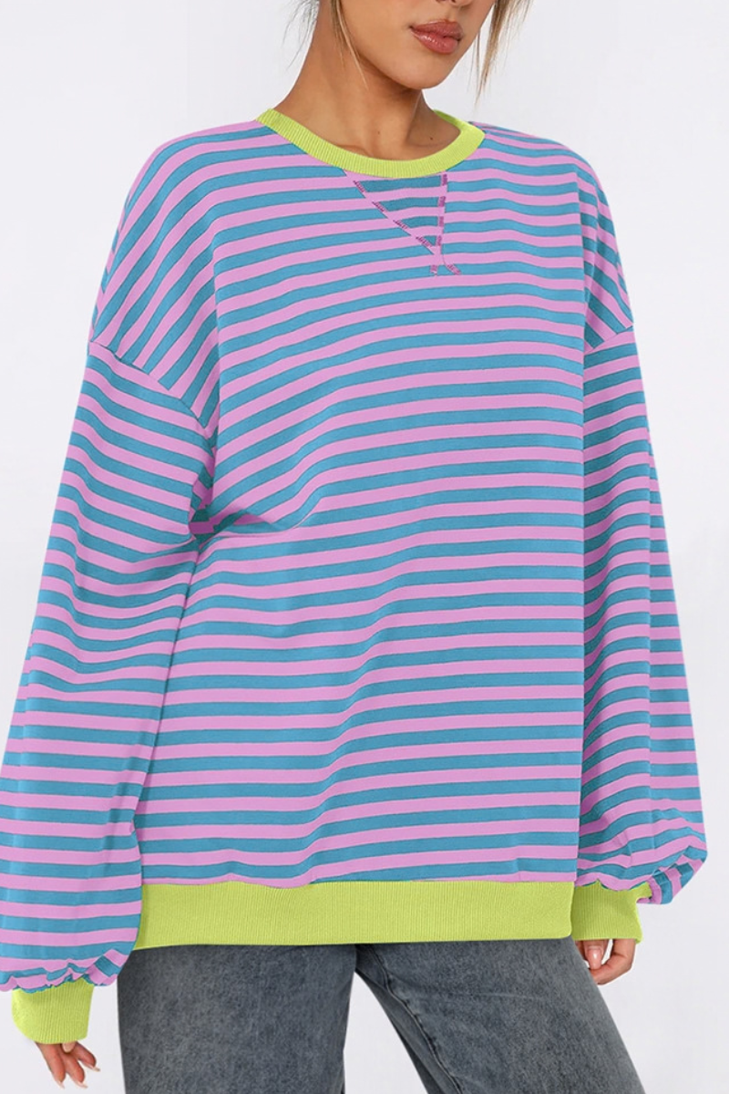 Women Fall Contrast Striped Lantern Sleeve Loose Sweatshirt