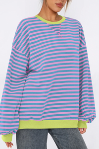 Women Fall Contrast Striped Lantern Sleeve Loose Sweatshirt