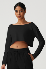 Women's Off Shoulder Cropped Workout Long Sleeve Top