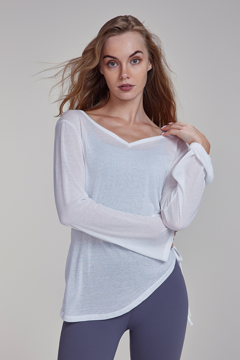 Women's Spring Side Drawstring Loose Yoga Long Sleeve Top