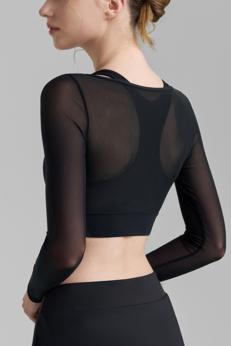 Women's Mesh Fake Two Piece Pleated Long Sleeve Yoga Top