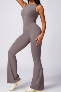 Women Pleated Buttocks Lift Padded Flared Leg Yoga Jumpsuit
