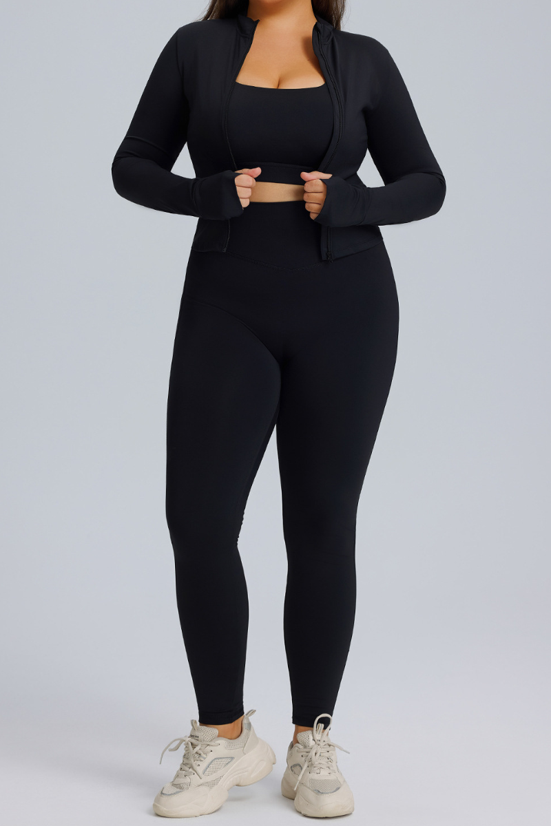 Women's Set:Cros Back Bra & Stan Collar Jackt & Leggings