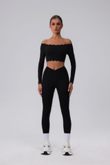 Women's Scalloped Off-Shoulder Long Sleeve Top& Leggings Set