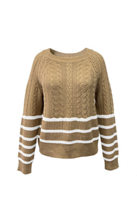 Women's Winter Crew Neck Cable Knit Contrast Stripe Sweater