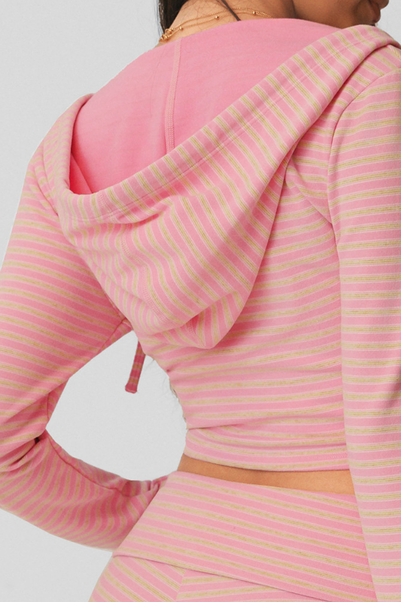 Women's Striped Drawstring Hooded Zip Crop Jacket
