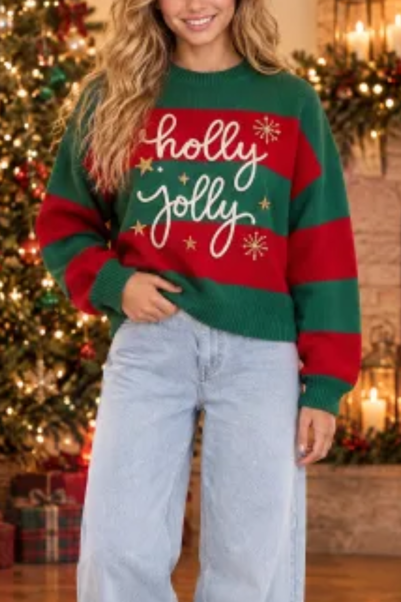 Women's Winter Christmas Striped Color Block Knit Sweater