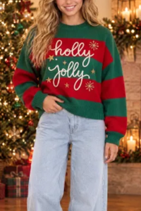 Women's Winter Christmas Striped Color Block Knit Sweater