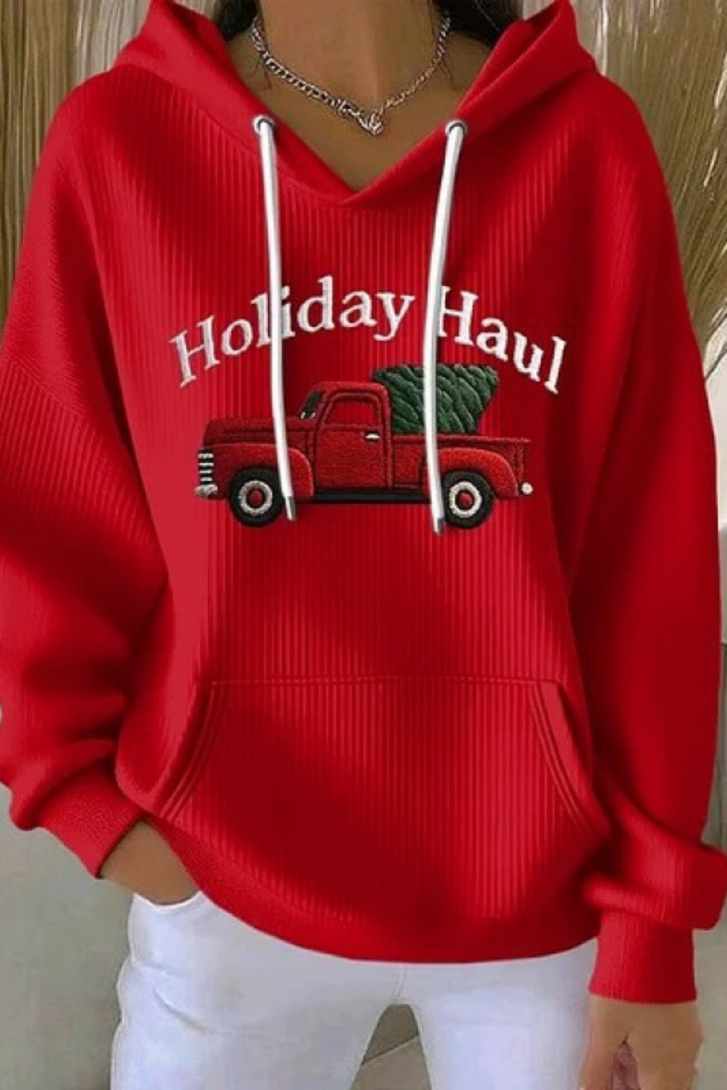 Women's Fall Christmas Print Ribbed Hoodie