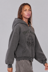Women's Vintage Lettering Print With Rhinestone Fleece Jacket