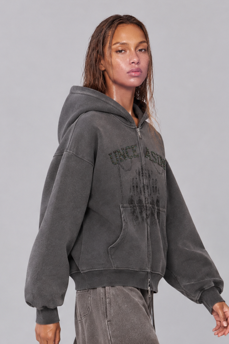 Women's Vintage Lettering Print With Rhinestone Fleece Jacket