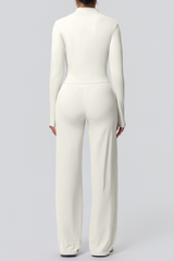 Women's Set:Collared Zippered Jacket And Wide Leg Pants