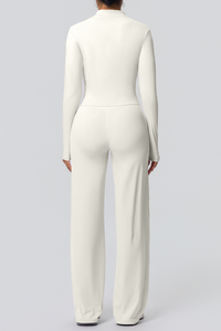 Women's Set:Collared Zippered Jacket And Wide Leg Pants