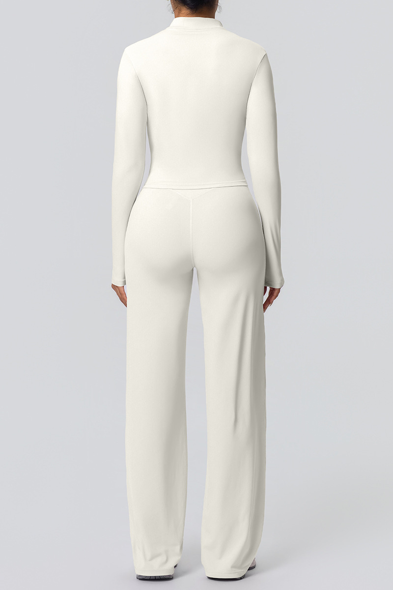 Women's Set:Collared Zippered Jacket And Wide Leg Pants