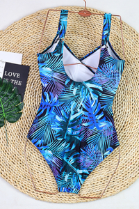 Women's One Piece Suit - Wide Strap U-Neck Leaf Print Plus