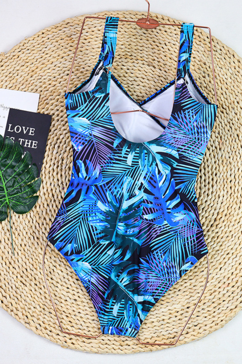 Women's One Piece Suit - Wide Strap U-Neck Leaf Print Plus