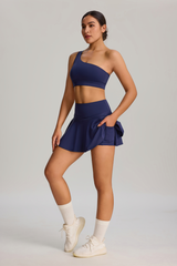 Women's Two-Piece Set: One-Shoulder Sports Bra & Tennis Skirt
