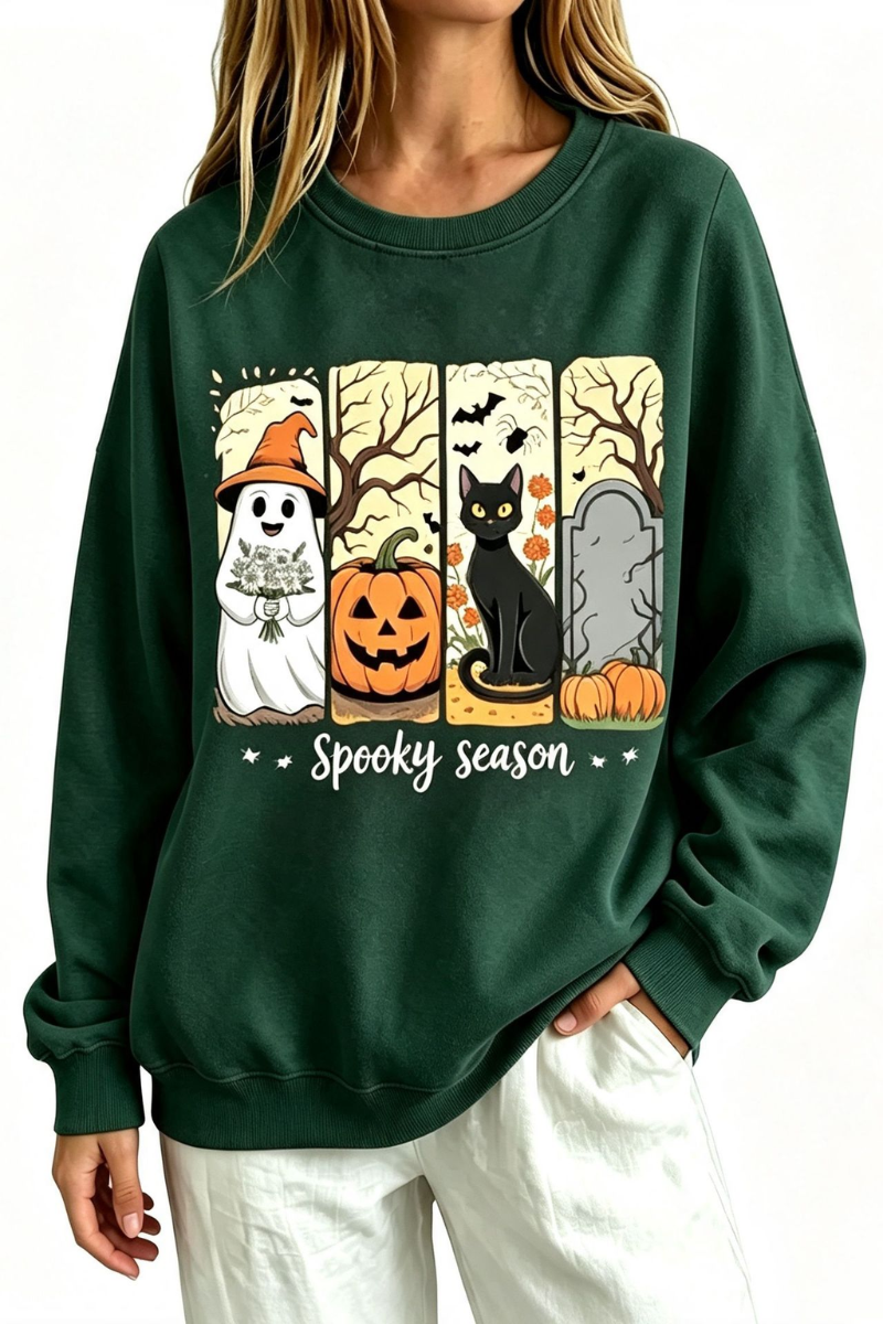 Women's Fall Halloween Spooky Print Thin Relaxed Sweatshirt