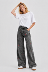 Women's High Waist Cherry Embroidered Wide Leg Jeans