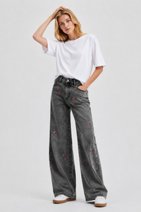 Women's High Waist Cherry Embroidered Wide Leg Jeans