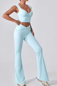 Women's V-Neck Tank Top & Twist Waist Flared Pants Yoga Set
