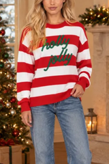Women's Fall Christmas Embroidery Stripe Sweatshirt