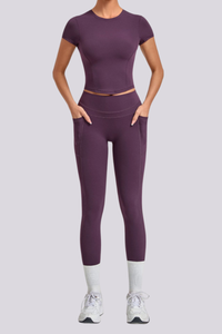 Women's Crew Neck T-shirt Pocket Leggings Yoga 2 Piece Set
