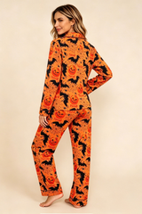 Women's Halloween Pumpkin Bat Spider Web Print Pajama Set