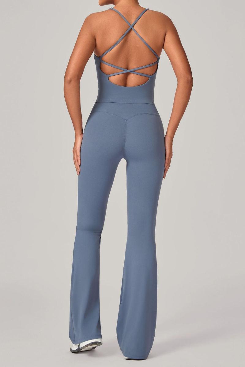 Women's Athletic Set:U-neck Cross Back Tank Top&Flare Pants