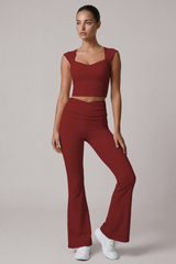 Women's Cropped Top And Pleated Waist Flare Pants Yoga Set