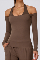 Women's Off Shoulder Breathable Ribbed Yoga Long Sleeve Top