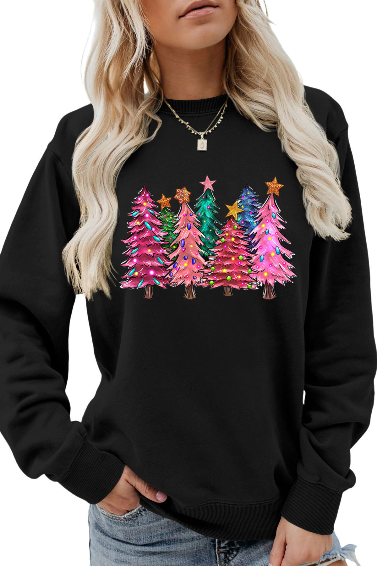 Women's Christmas Colorful Tree Print Crew Neck Sweatshirt