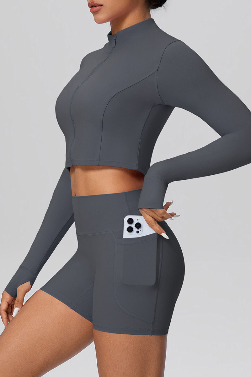 Women's Sport Set:Mock Neck Jacket And Side Pocket Shorts