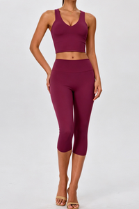 Women's V Neck Y Back Crop Tank & Capri Leggings Yoga Sets