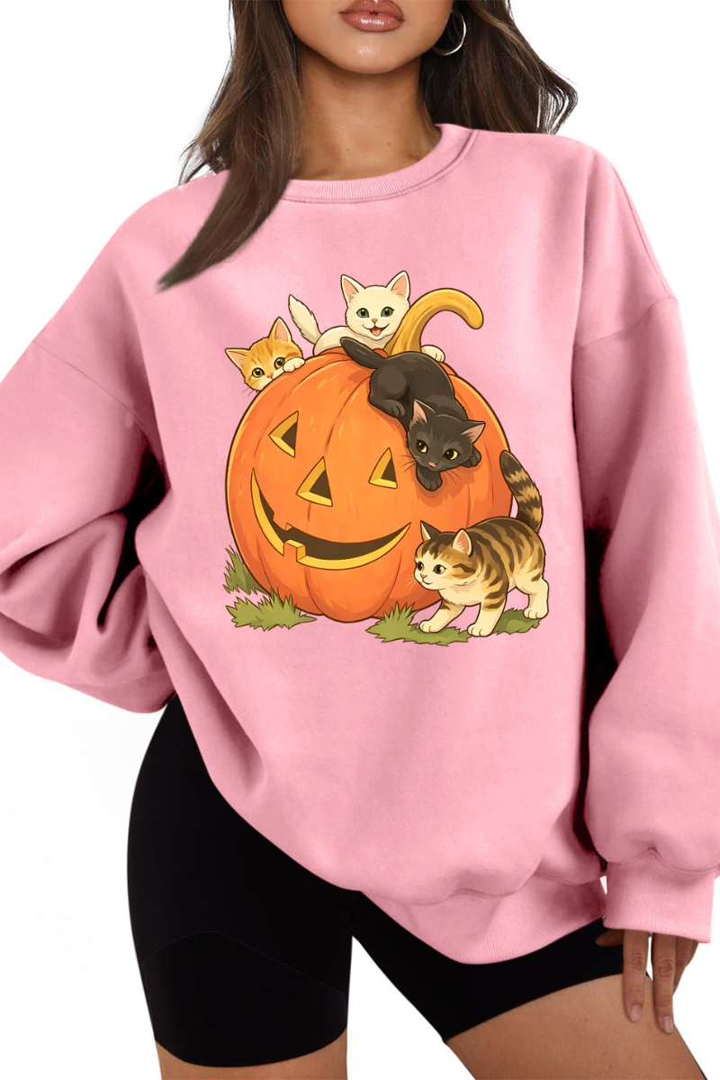 Women's Fall Halloween Cat Pumpkin Graphic Casual Sweatshirt