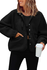Women's Fall/Winter Patch Pockets Fleece Snap Button Jacket