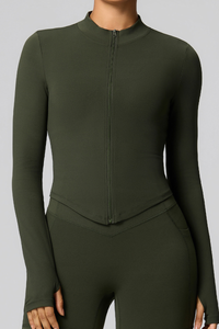 Women's Zip-Up Mock Neck V-Waist and Thumbhole Cuffs Jacket
