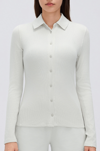Women's Button-Front Polo Slim Fit Shirt Long-Sleeve Top