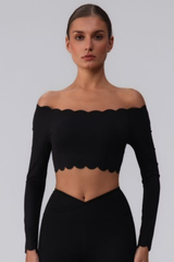 Women's Scalloped Off-Shoulder Cropped Long-Sleeve Sport Top