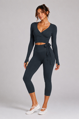 Women's Side Wrap Tie Long Sleeve Top And Capri Yoga Set