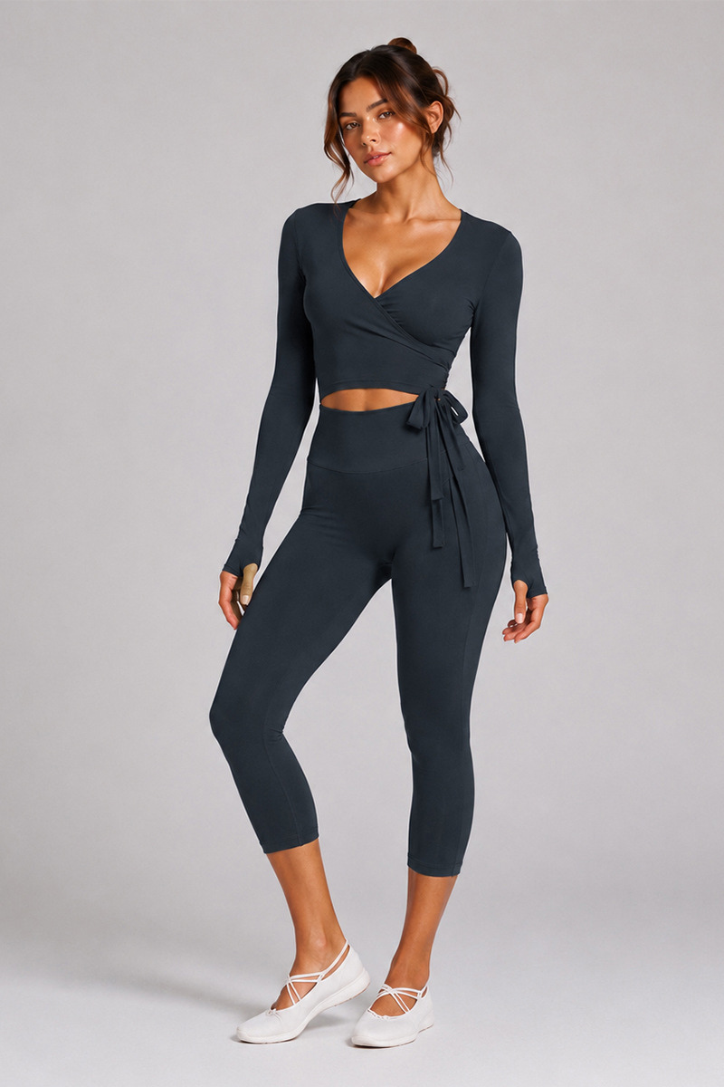Women's Side Wrap Tie Long Sleeve Top And Capri Yoga Set