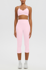 Women Halter V-neck Bra & High Waist Capri Leggings Yoga Set