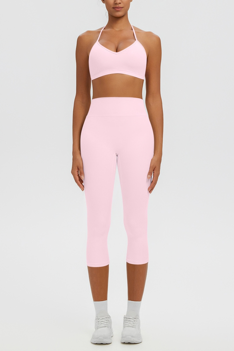Women Halter V-neck Bra & High Waist Capri Leggings Yoga Set