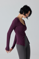 Women's Ribbed Double Twist Split V Neck Pilates Slim Fit Top