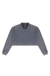 Women's  Fall 100% Cotton Collared V-Neck Crop Sweatshirt