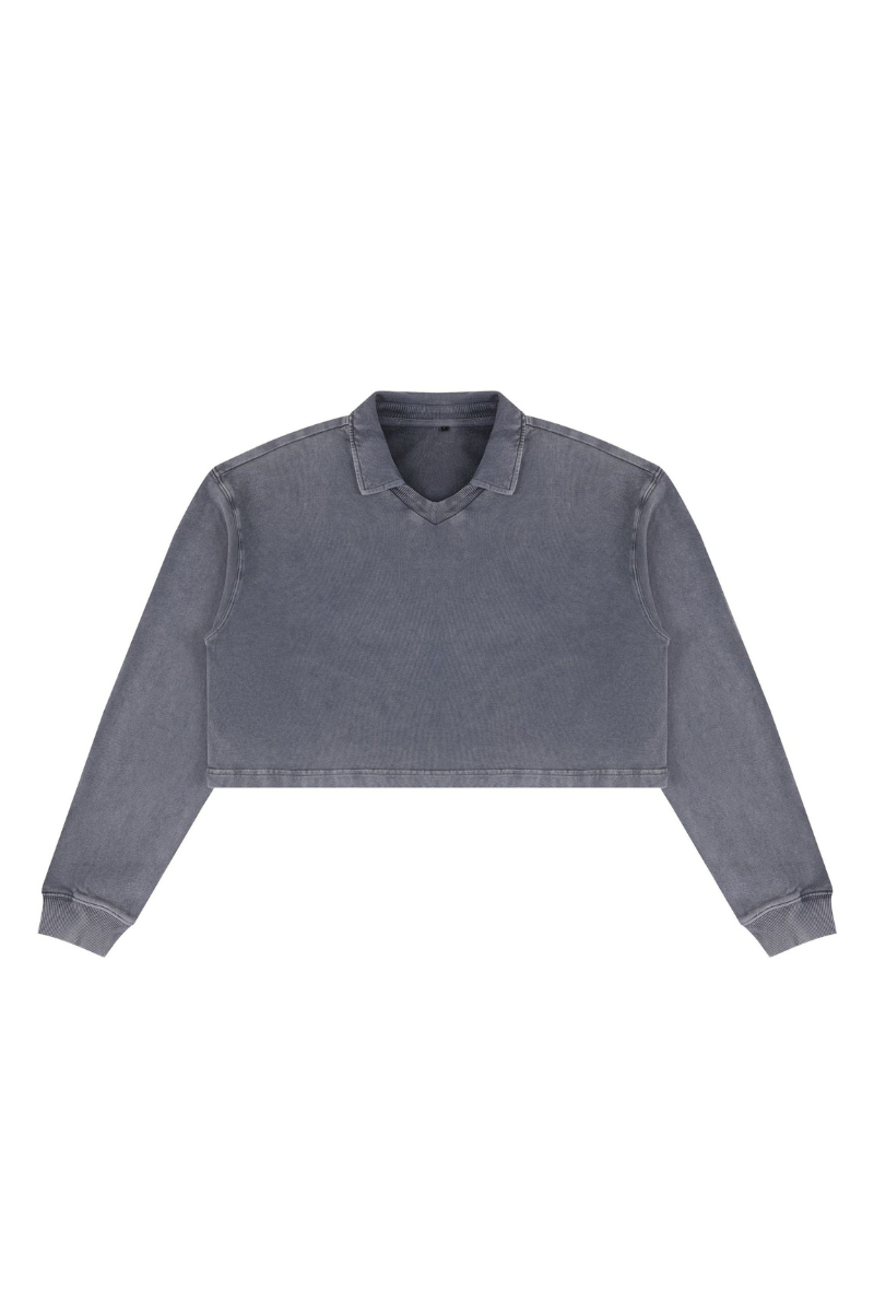 Women's  Fall 100% Cotton Collared V-Neck Crop Sweatshirt